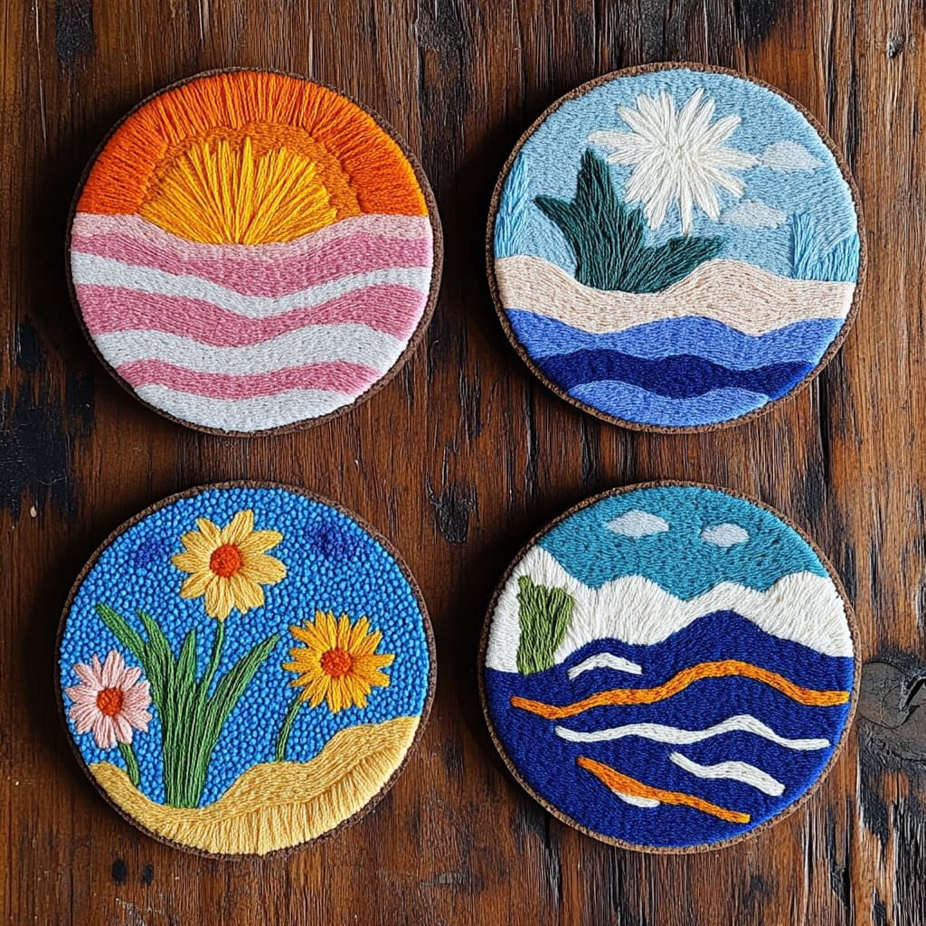 4 Set DIY Punch Needle Coaster Kits Seaside Sea Wave Daisy Flowers Easy for Beginners with Adhesive Felt Hoop Punch Needle Embroidery Starter Set with Pattern for Drink Cups Mat Home Decor-33