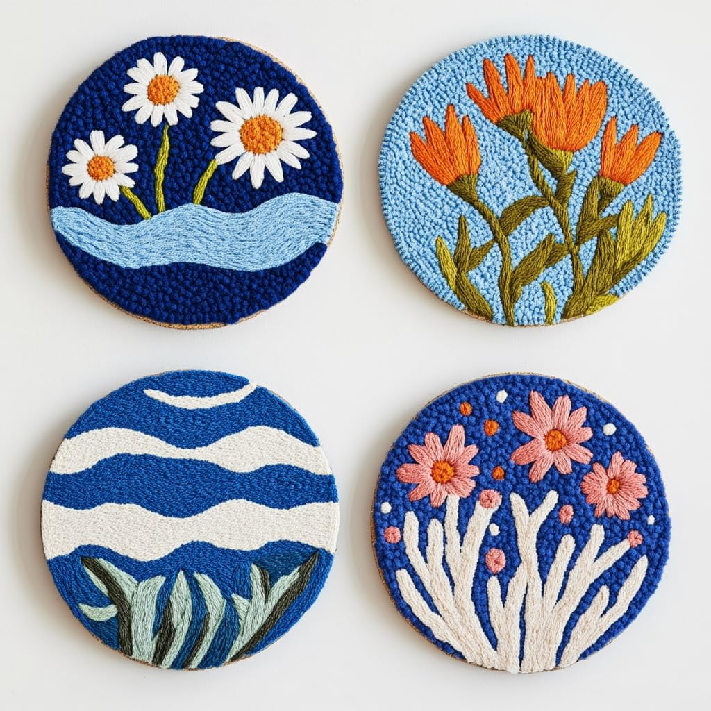 4 Set DIY Punch Needle Coaster Kits Seaside Sea Wave Daisy Flowers Easy for Beginners with Adhesive Felt Hoop Punch Needle Embroidery Starter Set with Pattern for Drink Cups Mat Home Decor-11