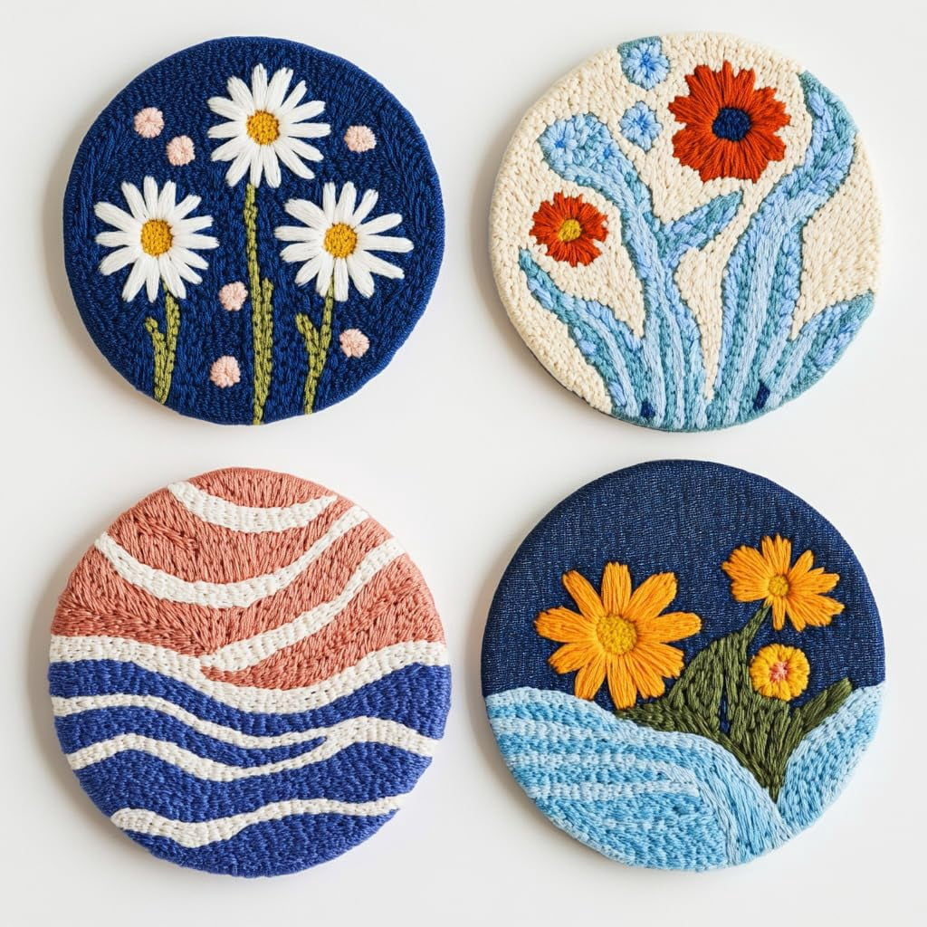 4 Set DIY Punch Needle Coaster Kits Seaside Sea Wave Daisy Flowers Easy for Beginners with Adhesive Felt Hoop Punch Needle Embroidery Starter Set with Pattern for Drink Cups Mat Home Decor-1