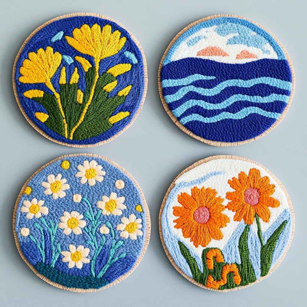4 Set DIY Punch Needle Coaster Kits Seaside Sea Wave Daisy Flowers Easy for Beginners with Adhesive Felt Hoop Punch Needle Embroidery Starter Set with Pattern for Drink Cups Mat Home Decor-13