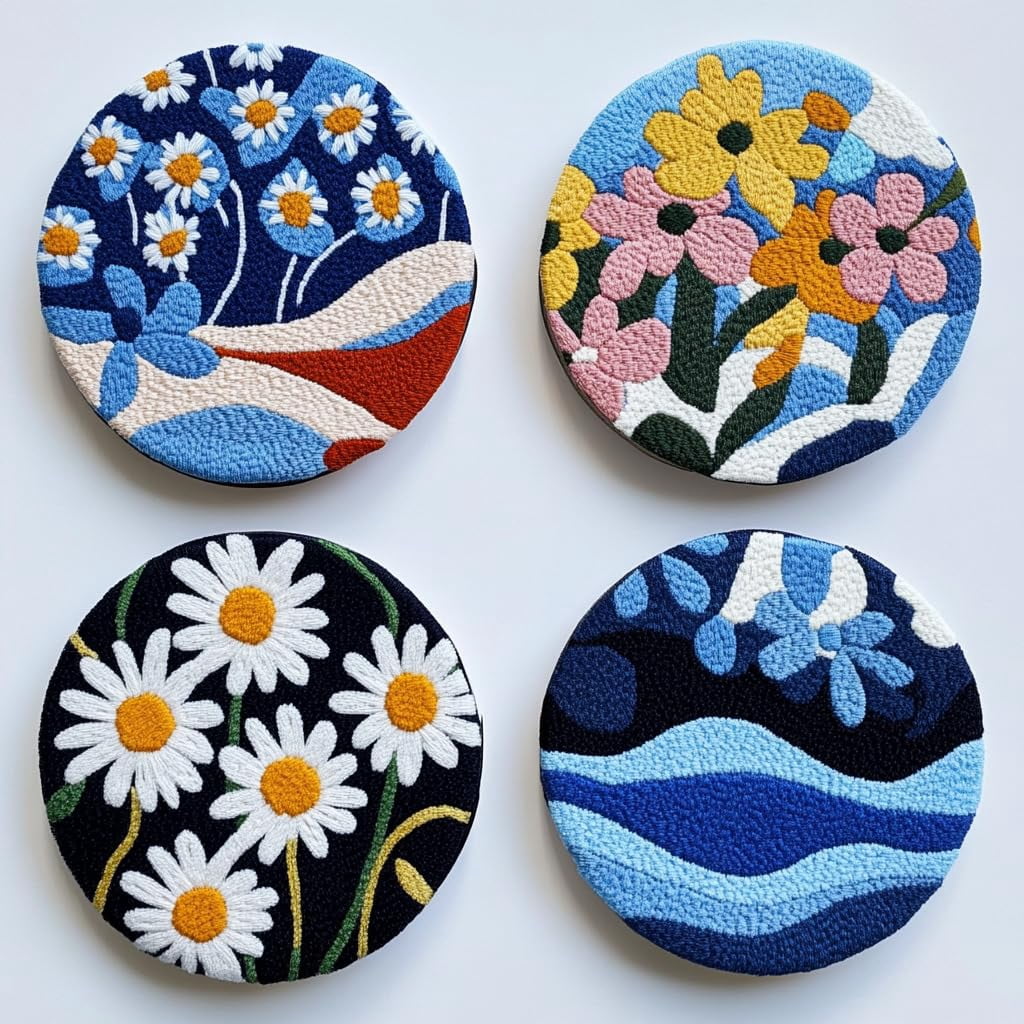 4 Set DIY Punch Needle Coaster Kits Seaside Sea Wave Daisy Flowers Easy for Beginners with Adhesive Felt Hoop Punch Needle Embroidery Starter Set with Pattern for Drink Cups Mat Home Decor-25