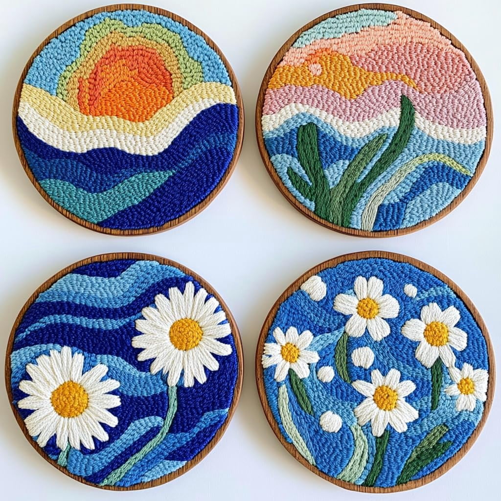 4 Set DIY Punch Needle Coaster Kits Seaside Sea Wave Daisy Flowers Easy for Beginners with Adhesive Felt Hoop Punch Needle Embroidery Starter Set with Pattern for Drink Cups Mat Home Decor-16