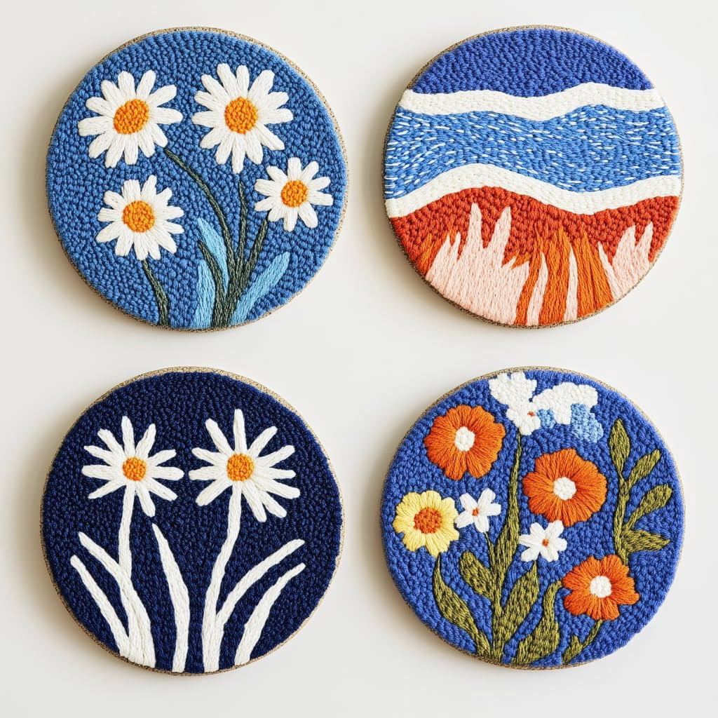 4 Set DIY Punch Needle Coaster Kits Seaside Sea Wave Daisy Flowers Easy for Beginners with Adhesive Felt Hoop Punch Needle Embroidery Starter Set with Pattern for Drink Cups Mat Home Decor-9