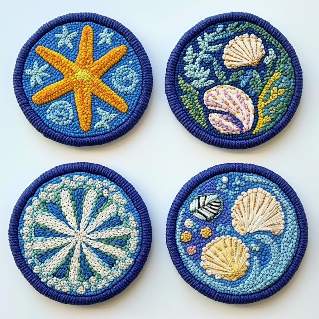 4 Set DIY Punch Needle Coaster Kits Seaside Starfish and Shell Easy for Beginners with Adhesive Felt Hoop Punch Needle Embroidery Starter Set with Pattern for Drink Cups Mat Home Decor-4