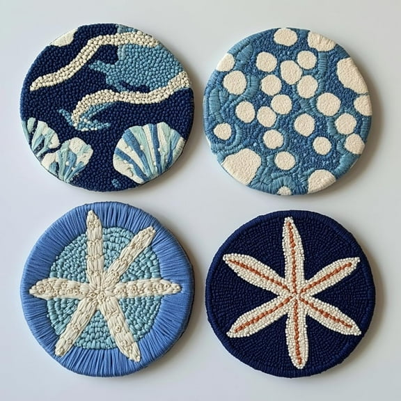 4 Set DIY Punch Needle Coaster Kits Seaside Starfish and Shell Easy for Beginners with Adhesive Felt Hoop Punch Needle Embroidery Starter Set with Pattern for Drink Cups Mat Home Decor-7
