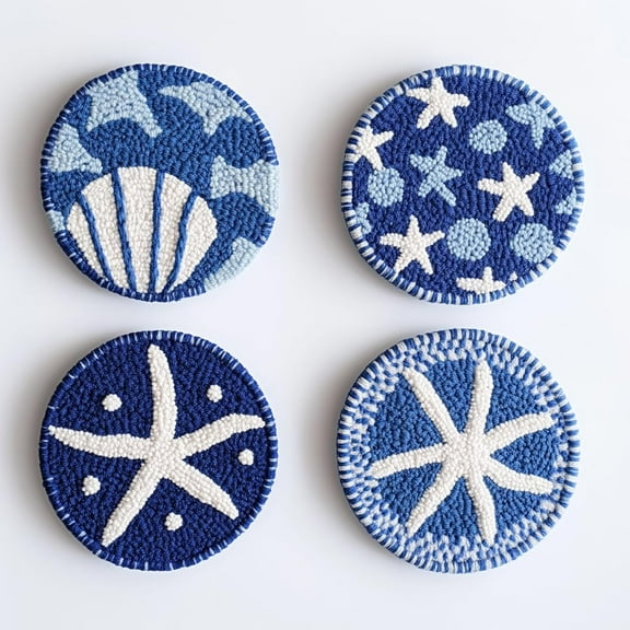 4 Set DIY Punch Needle Coaster Kits Seaside Starfish and Shell Easy for Beginners with Adhesive Felt Hoop Punch Needle Embroidery Starter Set with Pattern for Drink Cups Mat Home Decor-3
