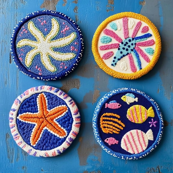 4 Set DIY Punch Needle Coaster Kits Seaside Starfish and Shell Easy for Beginners with Adhesive Felt Hoop Punch Needle Embroidery Starter Set with Pattern for Drink Cups Mat Home Decor-9