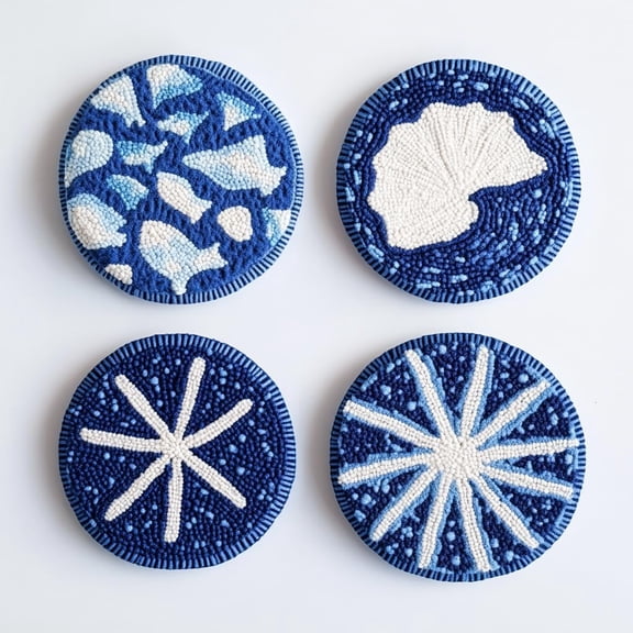 4 Set DIY Punch Needle Coaster Kits Seaside Starfish and Shell Easy for Beginners with Adhesive Felt Hoop Punch Needle Embroidery Starter Set with Pattern for Drink Cups Mat Home Decor-1