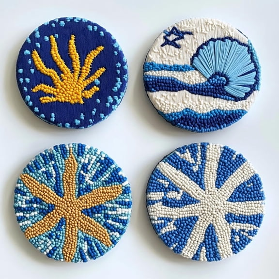 4 Set DIY Punch Needle Coaster Kits Seaside Starfish and Shell Easy for Beginners with Adhesive Felt Hoop Punch Needle Embroidery Starter Set with Pattern for Drink Cups Mat Home Decor-5