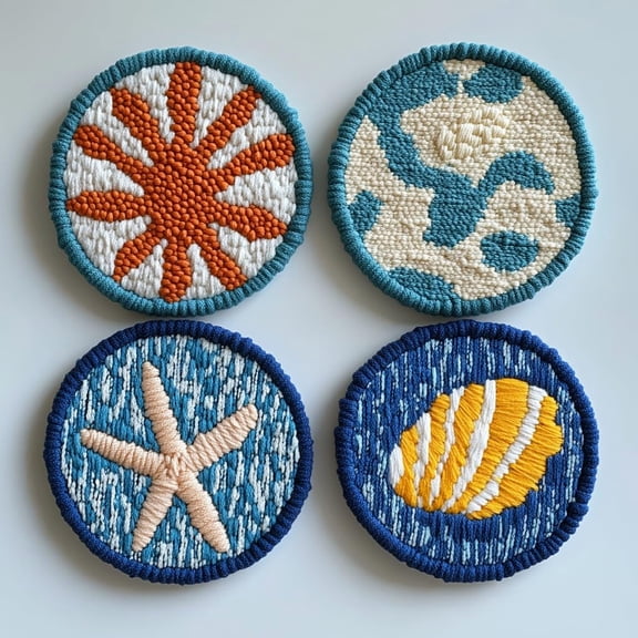 4 Set DIY Punch Needle Coaster Kits Seaside Starfish and Shell Easy for Beginners with Adhesive Felt Hoop Punch Needle Embroidery Starter Set with Pattern for Drink Cups Mat Home Decor-10