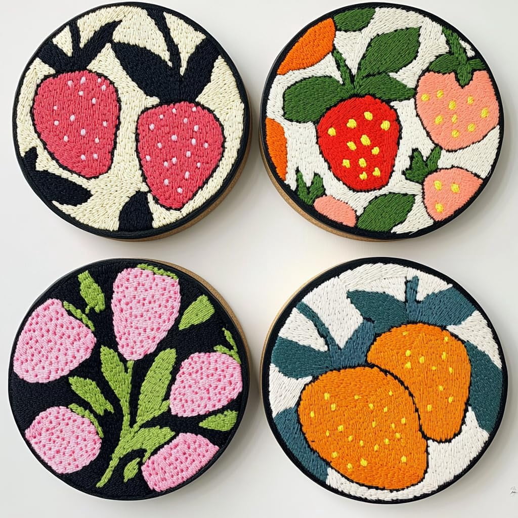 4 Set DIY Punch Needle Coaster Kits Strawberries and Flower Easy for Beginners with Adhesive Felt Hoop Punch Needle Embroidery Starter Set with Pattern for Drink Cups Mat Home Decor-2