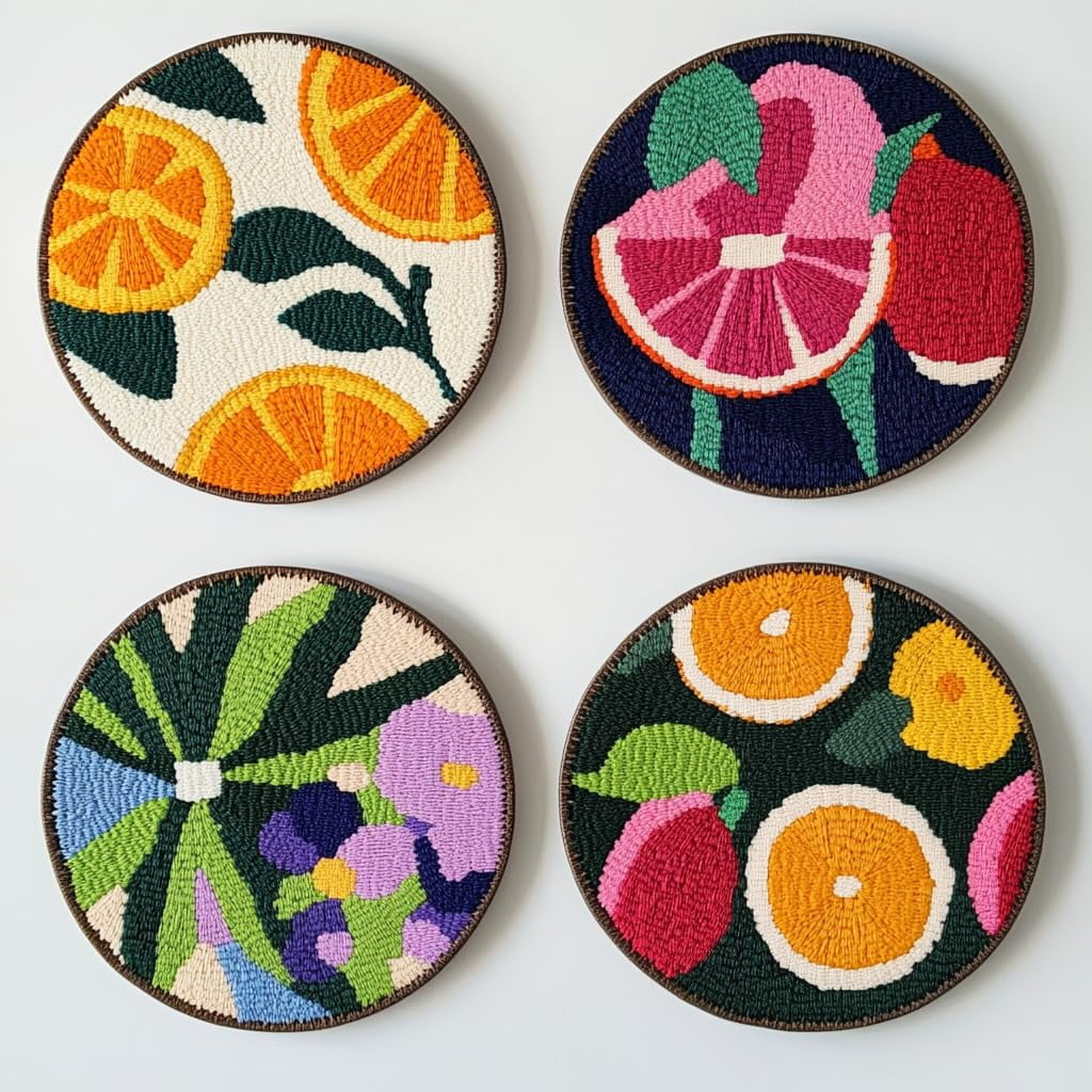 4 Set DIY Punch Needle Coaster Kits Summer Fruit Easy for Beginners with Adhesive Felt Hoop Punch Needle Embroidery Starter Set with Pattern for Drink Cups Mat Home Decor-4