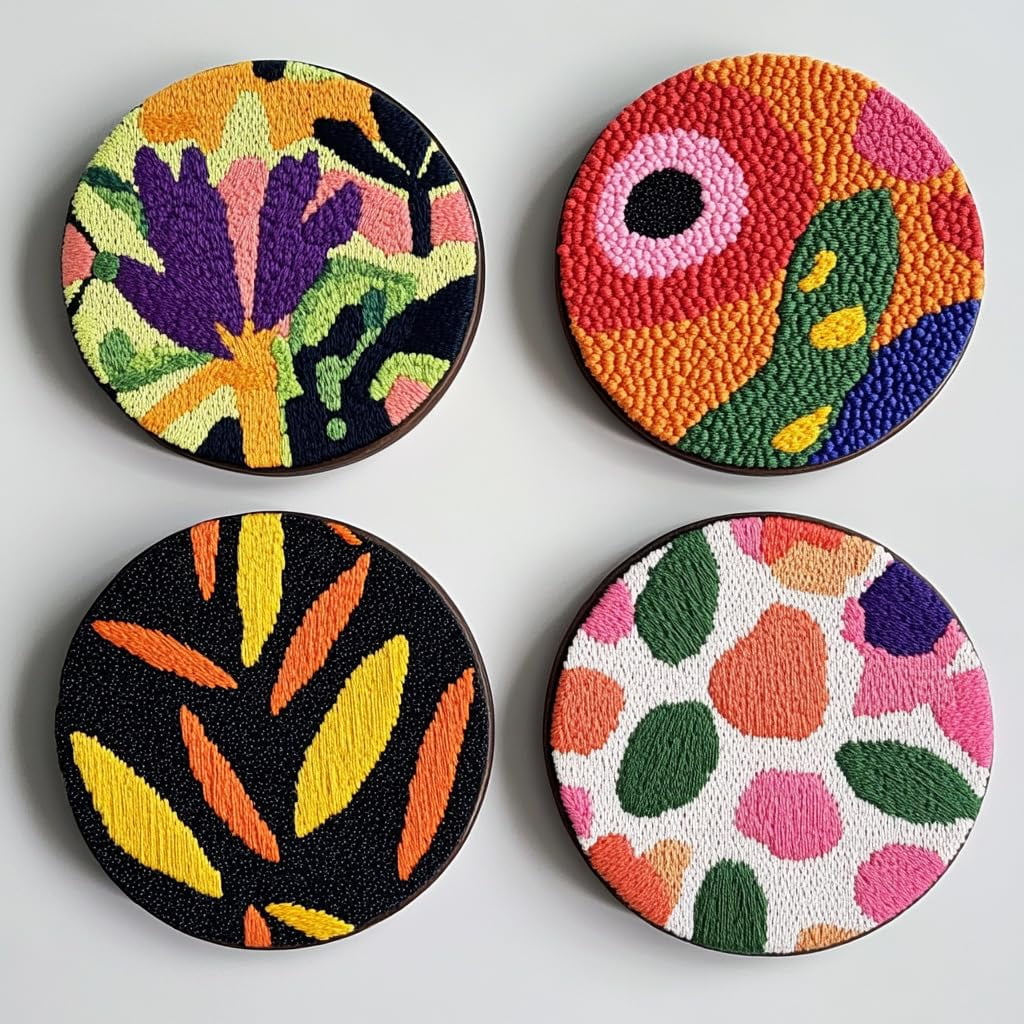 4 Set DIY Punch Needle Coaster Kits Summer Fruit Easy for Beginners with Adhesive Felt Hoop Punch Needle Embroidery Starter Set with Pattern for Drink Cups Mat Home Decor-1