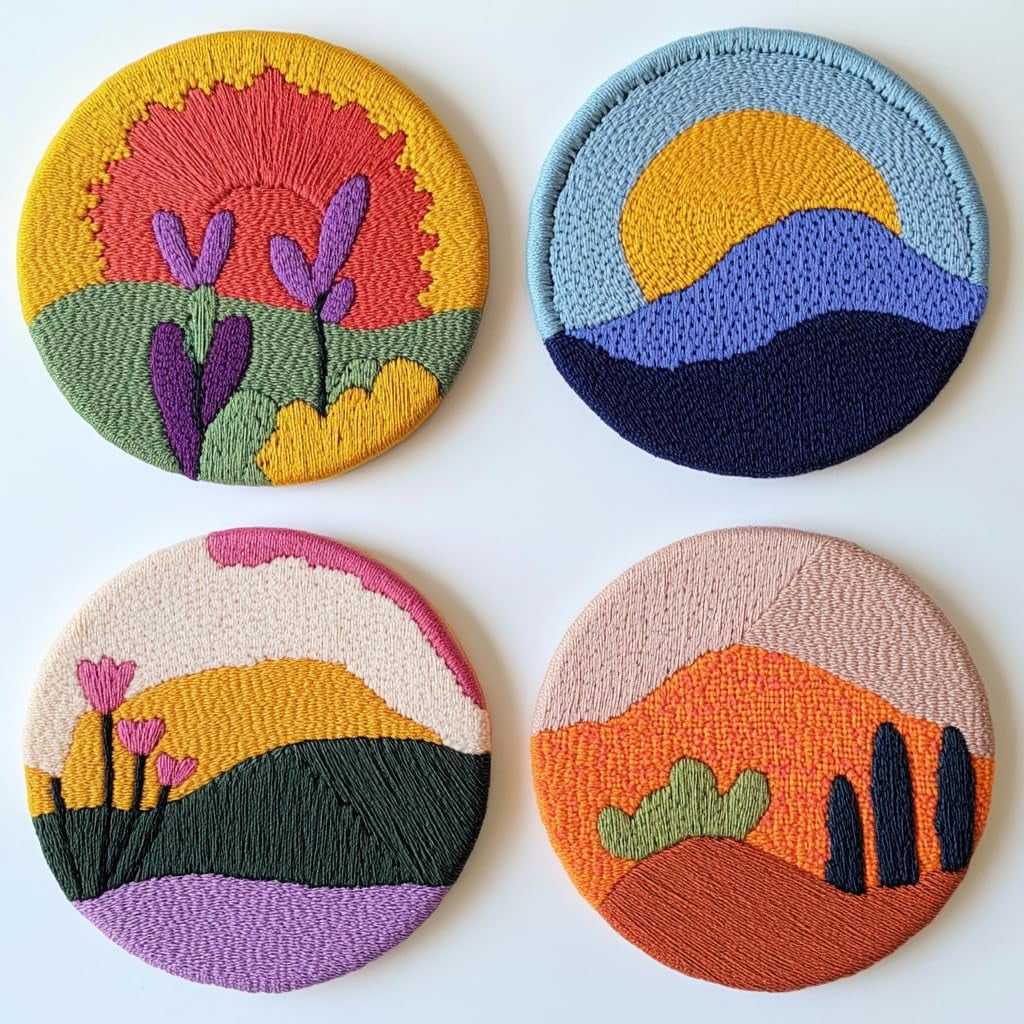 4 Set DIY Punch Needle Coaster Kits Sunset and Mountain Scene Easy for Beginners with Adhesive Felt Hoop Punch Needle Embroidery Starter Set with Pattern for Drink Cups Mat Home Decor-7
