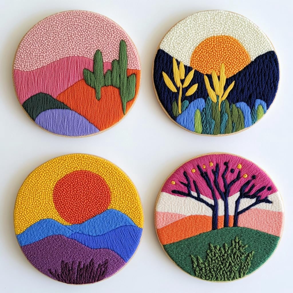 4 Set DIY Punch Needle Coaster Kits Sunset and Mountain Scene Easy for Beginners with Adhesive Felt Hoop Punch Needle Embroidery Starter Set with Pattern for Drink Cups Mat Home Decor-6