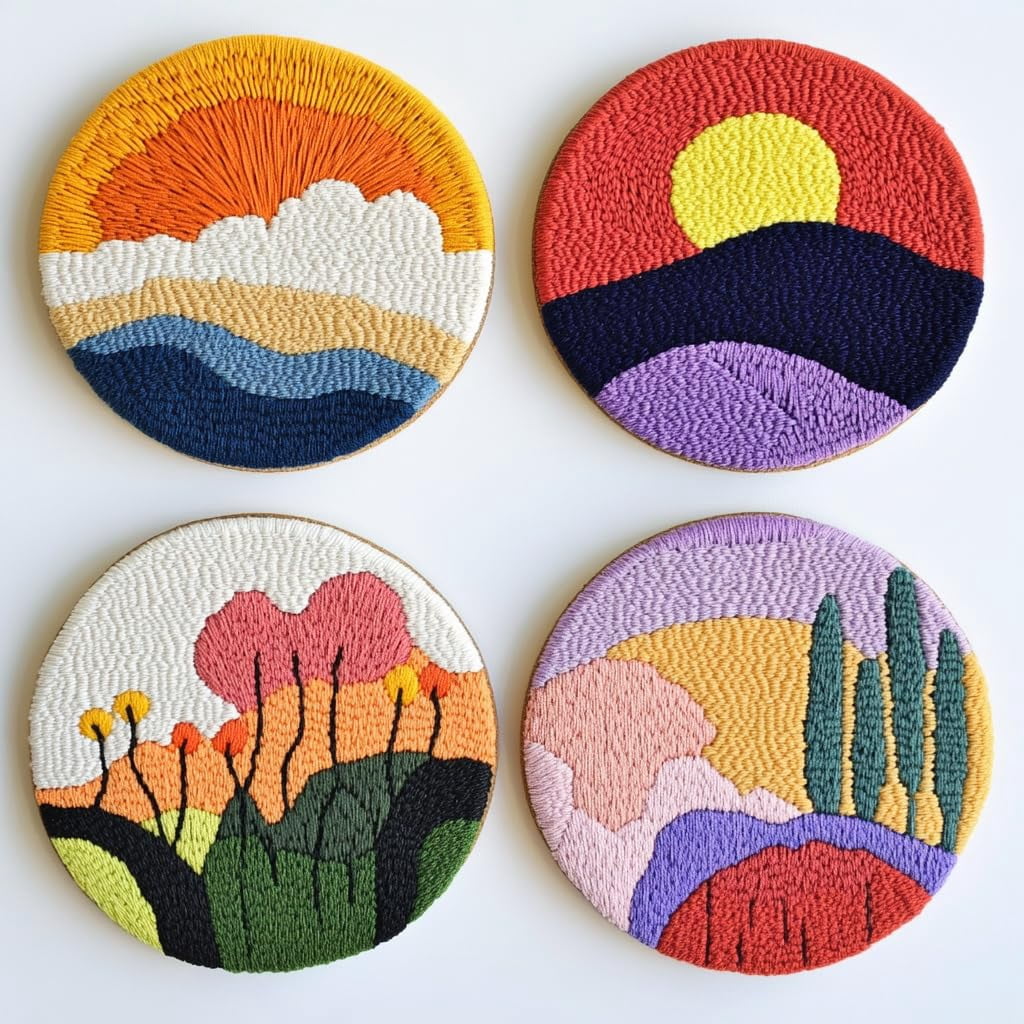 4 Set DIY Punch Needle Coaster Kits Sunset and Mountain Scene Easy for Beginners with Adhesive Felt Hoop Punch Needle Embroidery Starter Set with Pattern for Drink Cups Mat Home Decor-8