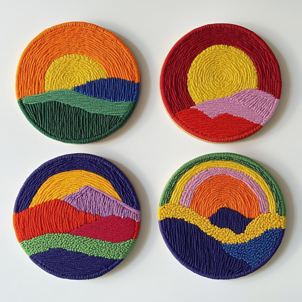 4 Set DIY Punch Needle Coaster Kits Sunset and Mountain Scene Easy for Beginners with Adhesive Felt Hoop Punch Needle Embroidery Starter Set with Pattern for Drink Cups Mat Home Decor-10