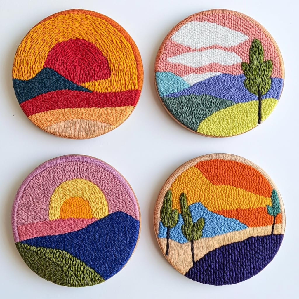 4 Set DIY Punch Needle Coaster Kits Sunset and Mountain Scene Easy for Beginners with Adhesive Felt Hoop Punch Needle Embroidery Starter Set with Pattern for Drink Cups Mat Home Decor-1