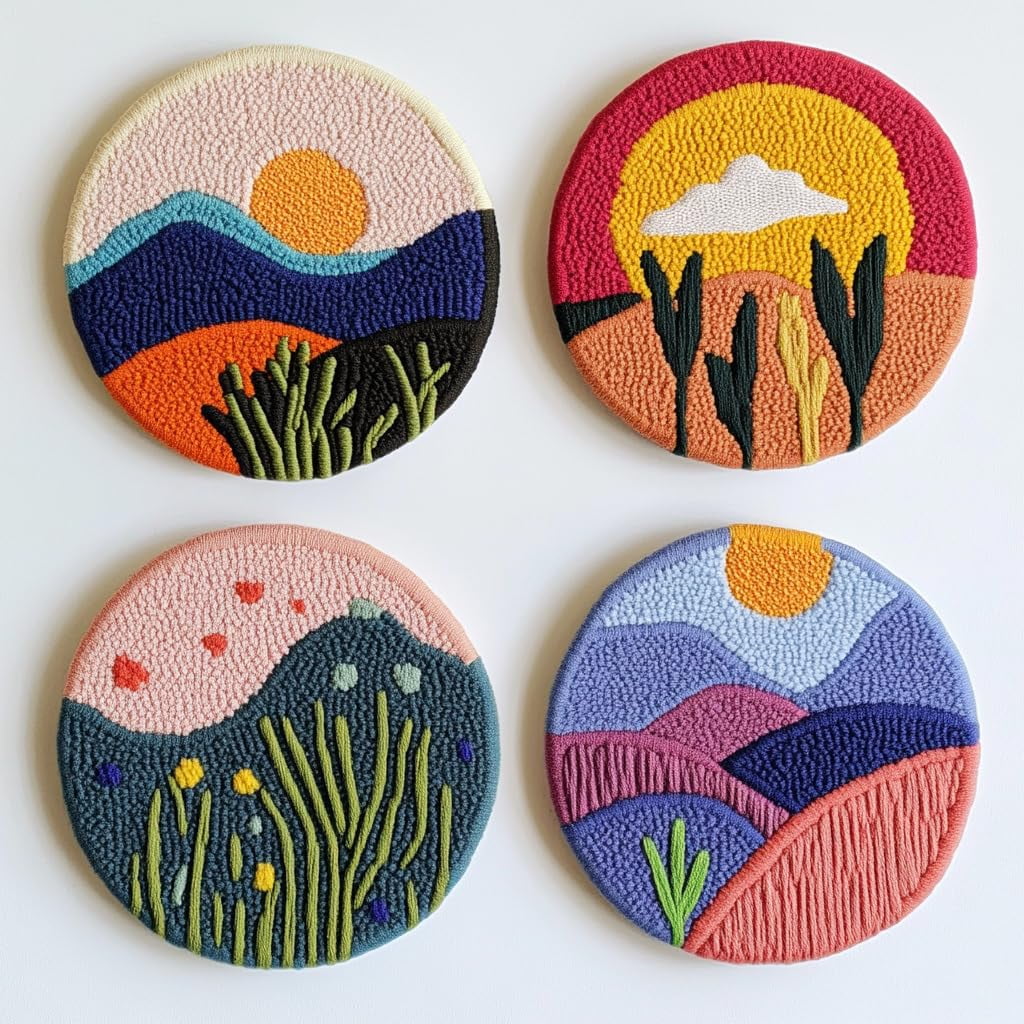 4 Set DIY Punch Needle Coaster Kits Sunset and Mountain Scene Easy for Beginners with Adhesive Felt Hoop Punch Needle Embroidery Starter Set with Pattern for Drink Cups Mat Home Decor-5