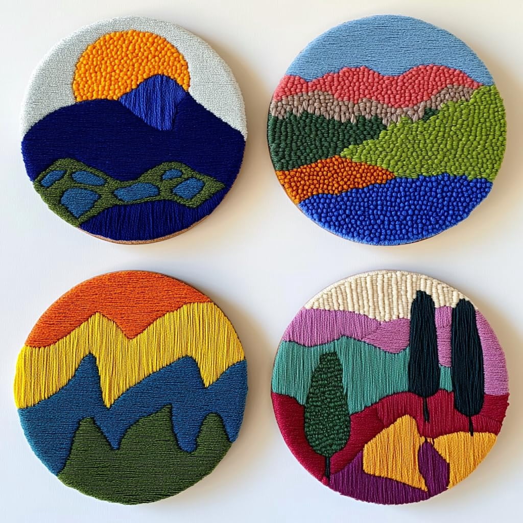 4 Set DIY Punch Needle Coaster Kits Sunset Mountain Tree Easy for Beginners with Adhesive Felt Hoop Punch Needle Embroidery Starter Set with Pattern for Drink Cups Mat Home Decor-1