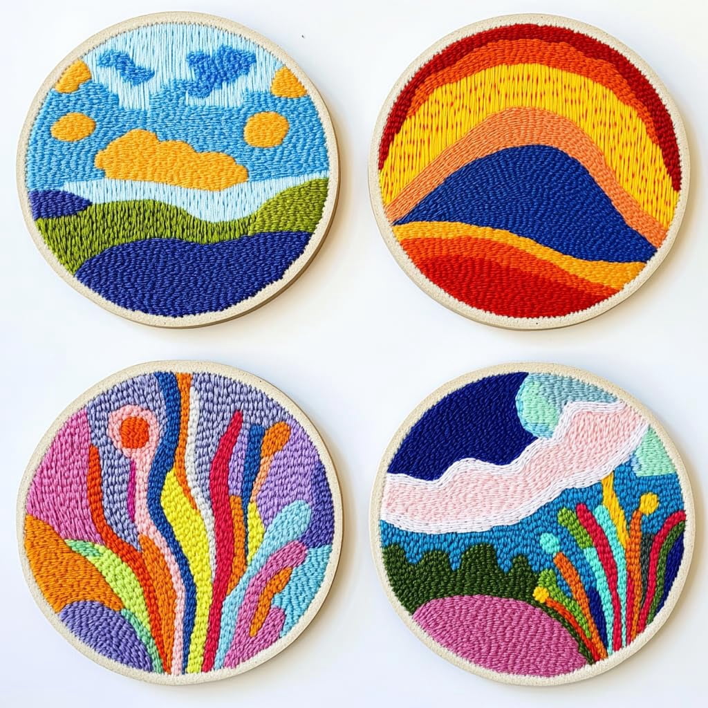 4 Set DIY Punch Needle Coaster Kits Sunset Mountain Tree Easy for Beginners with Adhesive Felt Hoop Punch Needle Embroidery Starter Set with Pattern for Drink Cups Mat Home Decor-2