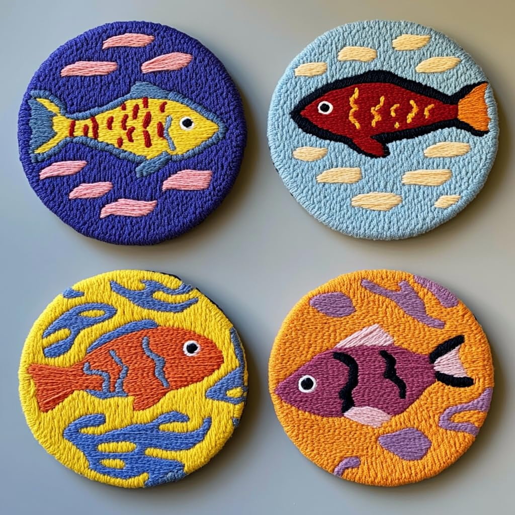 4 Set DIY Punch Needle Coaster Kits Trout Fish Easy for Beginners with Adhesive Felt Hoop Punch Needle Embroidery Starter Set with Pattern for Drink Cups Mat Home Decor-10