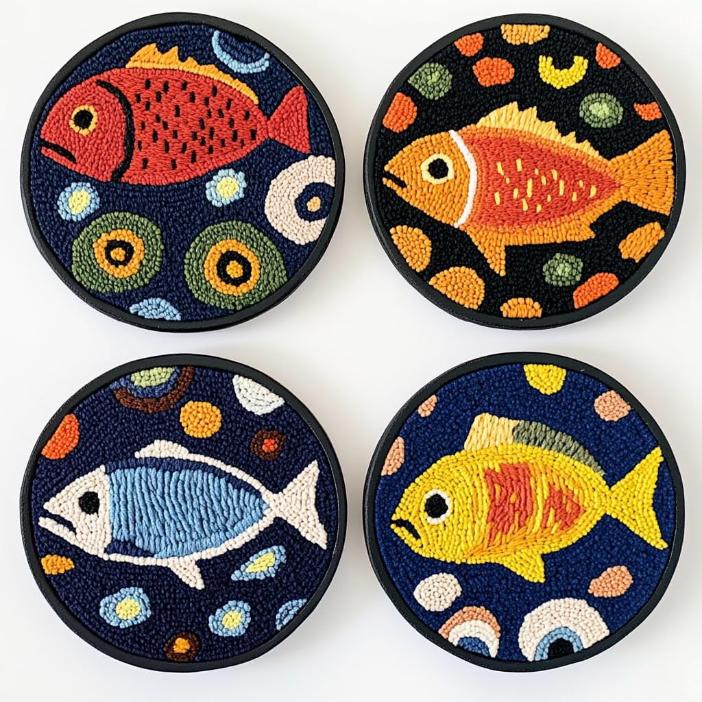 4 Set DIY Punch Needle Coaster Kits Trout Fish Easy for Beginners with Adhesive Felt Hoop Punch Needle Embroidery Starter Set with Pattern for Drink Cups Mat Home Decor-12