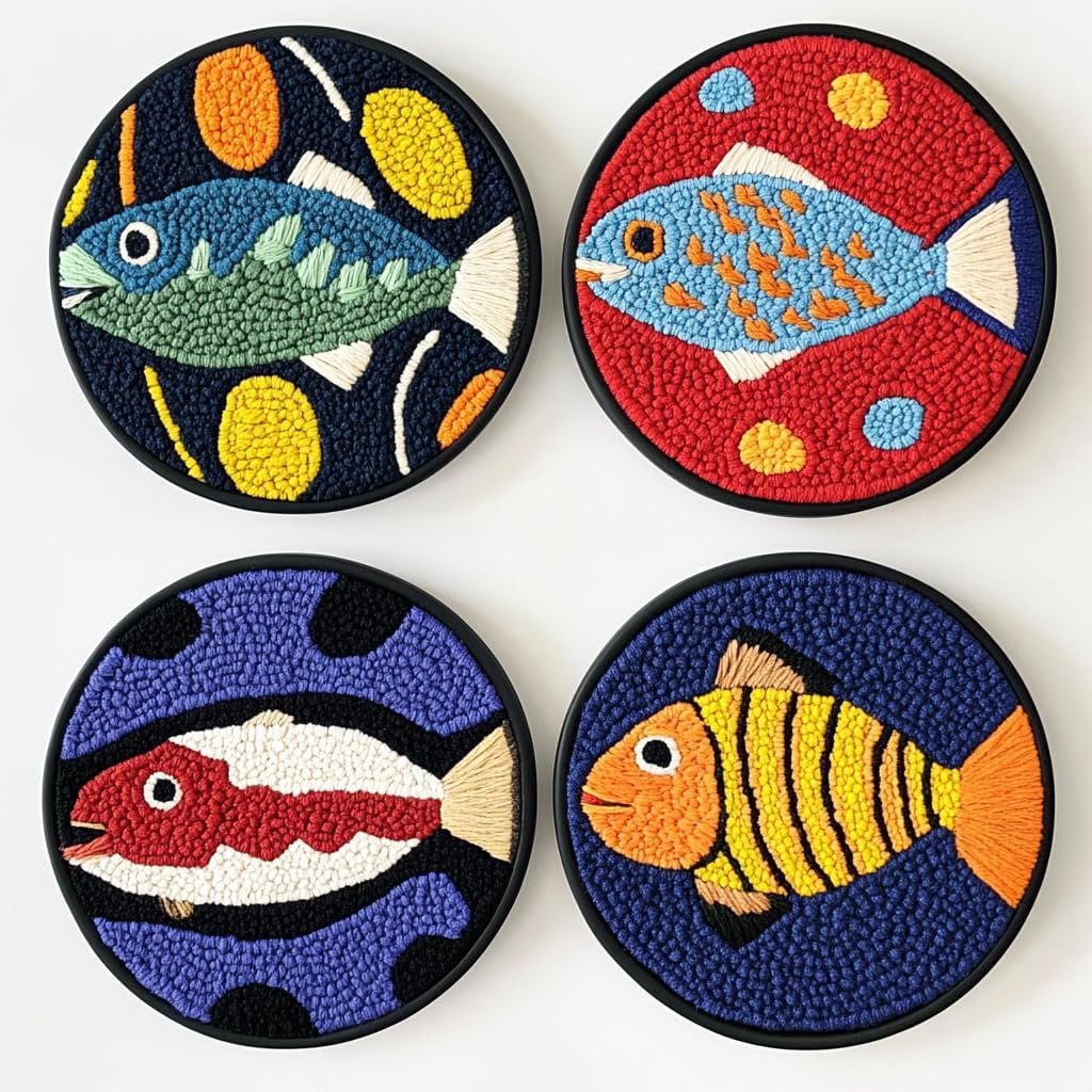 4 Set DIY Punch Needle Coaster Kits Trout Fish Easy for Beginners with Adhesive Felt Hoop Punch Needle Embroidery Starter Set with Pattern for Drink Cups Mat Home Decor-3