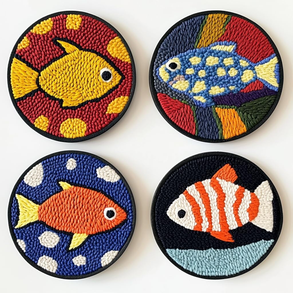 4 Set DIY Punch Needle Coaster Kits Trout Fish Easy for Beginners with Adhesive Felt Hoop Punch Needle Embroidery Starter Set with Pattern for Drink Cups Mat Home Decor-1