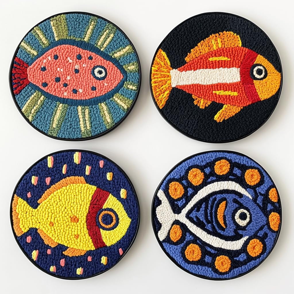 4 Set DIY Punch Needle Coaster Kits Trout Fish Easy for Beginners with Adhesive Felt Hoop Punch Needle Embroidery Starter Set with Pattern for Drink Cups Mat Home Decor-11