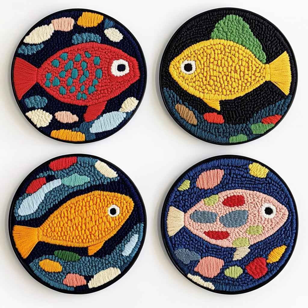 4 Set DIY Punch Needle Coaster Kits Trout Fish Easy for Beginners with Adhesive Felt Hoop Punch Needle Embroidery Starter Set with Pattern for Drink Cups Mat Home Decor-6