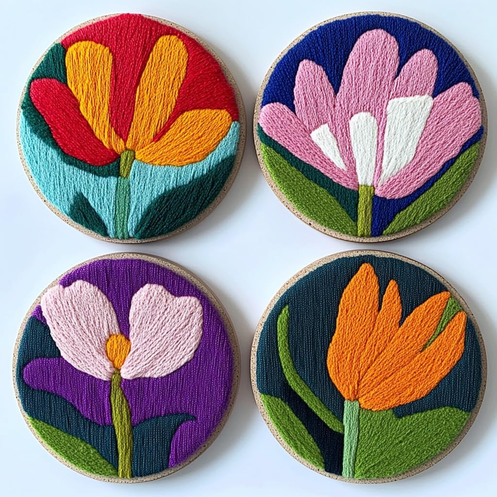 4 Set DIY Punch Needle Coaster Kits Tulips Flower Easy for Beginners with Adhesive Felt Hoop Punch Needle Embroidery Starter Set with Pattern for Drink Cups Mat Home Decor-5