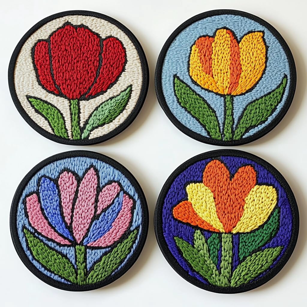 4 Set DIY Punch Needle Coaster Kits Tulips Flower Easy for Beginners with Adhesive Felt Hoop Punch Needle Embroidery Starter Set with Pattern for Drink Cups Mat Home Decor-18