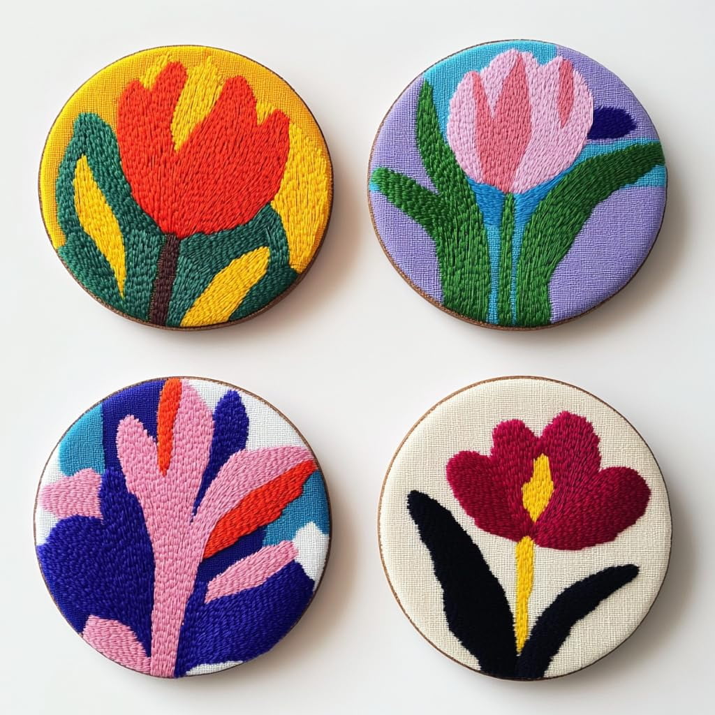 4 Set DIY Punch Needle Coaster Kits Tulips Flower Easy for Beginners with Adhesive Felt Hoop Punch Needle Embroidery Starter Set with Pattern for Drink Cups Mat Home Decor-17