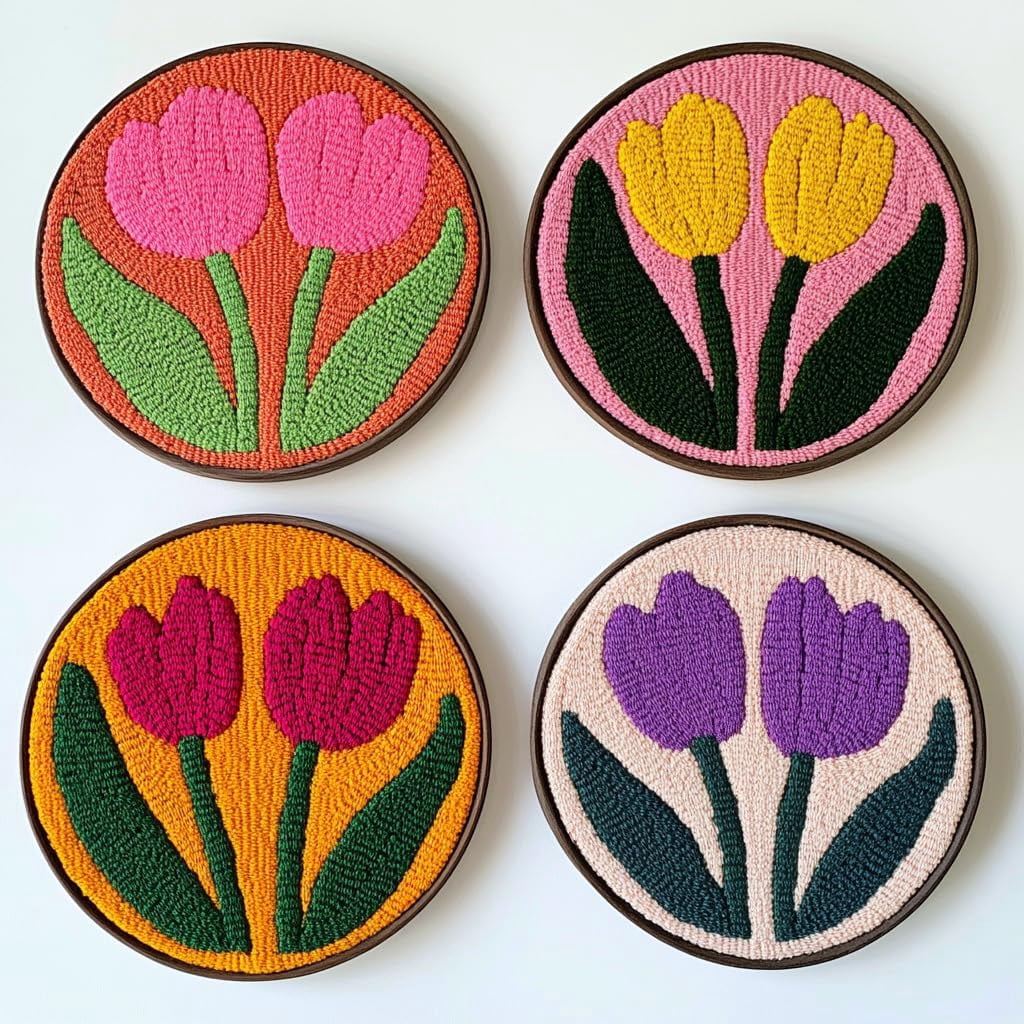 4 Set DIY Punch Needle Coaster Kits Tulips Flower Easy for Beginners with Adhesive Felt Hoop Punch Needle Embroidery Starter Set with Pattern for Drink Cups Mat Home Decor-13