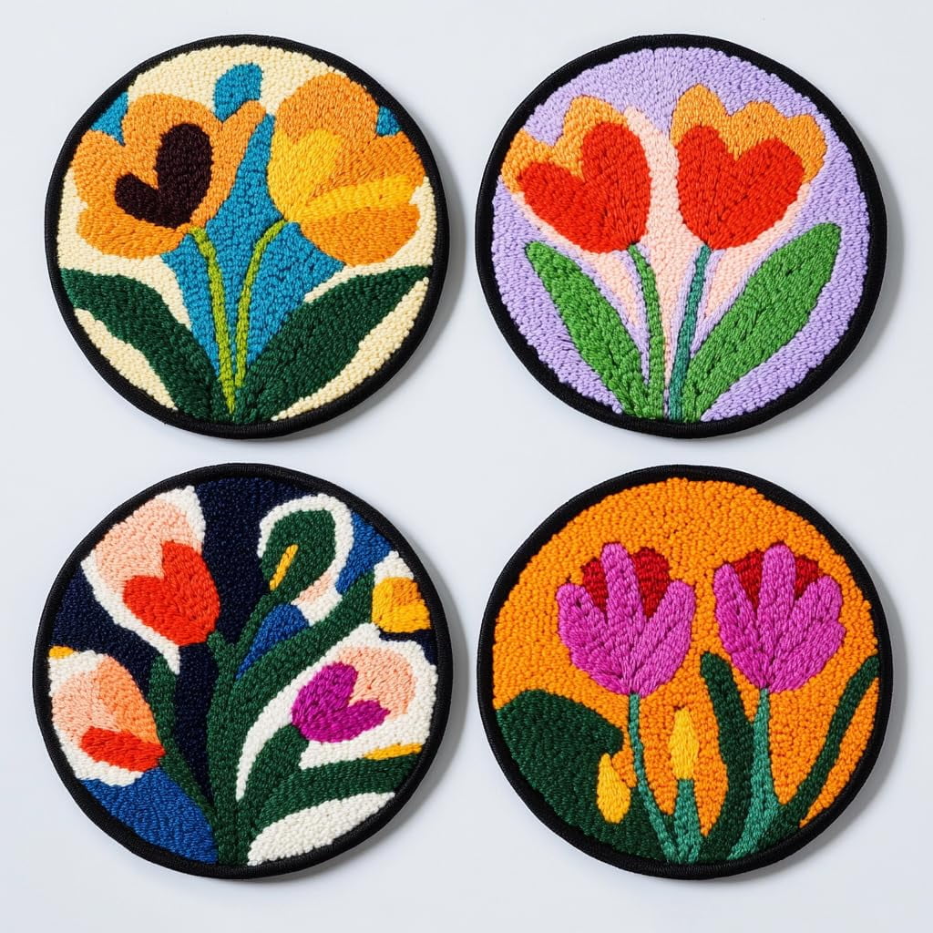 4 Set DIY Punch Needle Coaster Kits Tulips Flower Easy for Beginners with Adhesive Felt Hoop Punch Needle Embroidery Starter Set with Pattern for Drink Cups Mat Home Decor-19