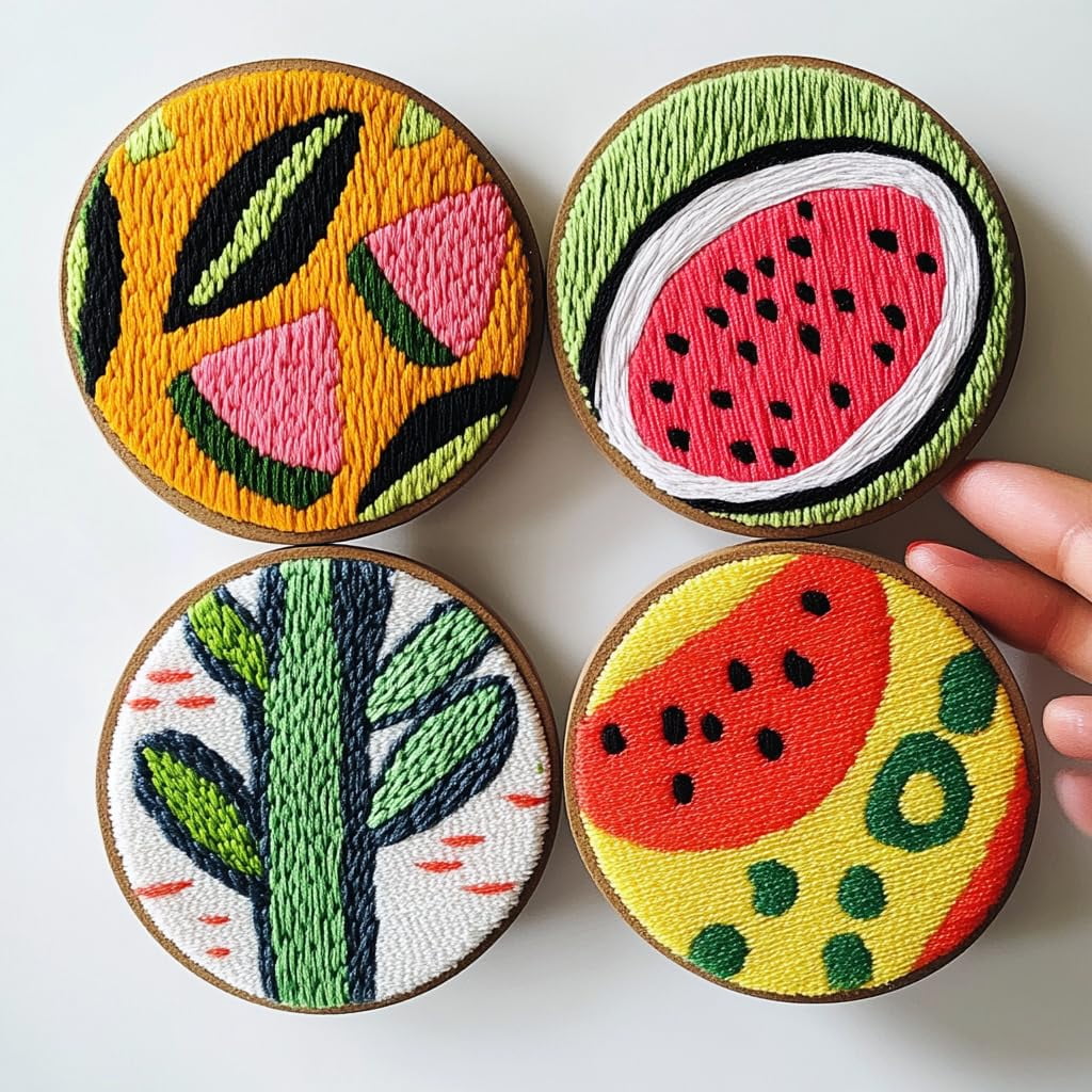 4 Set DIY Punch Needle Coaster Kits Watermelon and Flower Easy for Beginners with Adhesive Felt Hoop Punch Needle Embroidery Starter Set with Pattern for Drink Cups Mat Home Decor-3