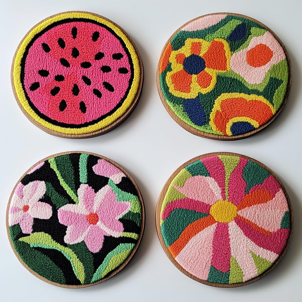 4 Set DIY Punch Needle Coaster Kits Watermelon and Flower Easy for Beginners with Adhesive Felt Hoop Punch Needle Embroidery Starter Set with Pattern for Drink Cups Mat Home Decor-2