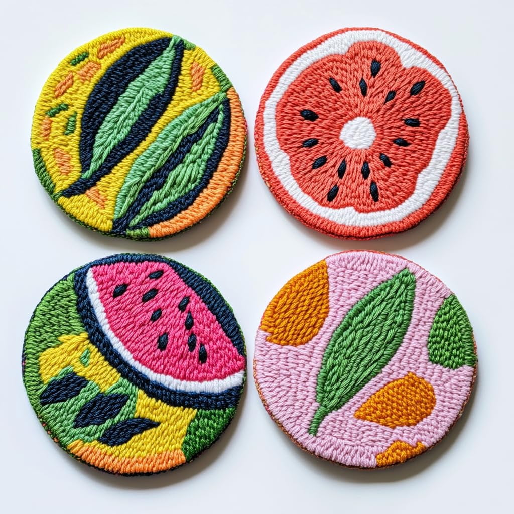4 Set DIY Punch Needle Coaster Kits Watermelon and Flower Easy for Beginners with Adhesive Felt Hoop Punch Needle Embroidery Starter Set with Pattern for Drink Cups Mat Home Decor-4