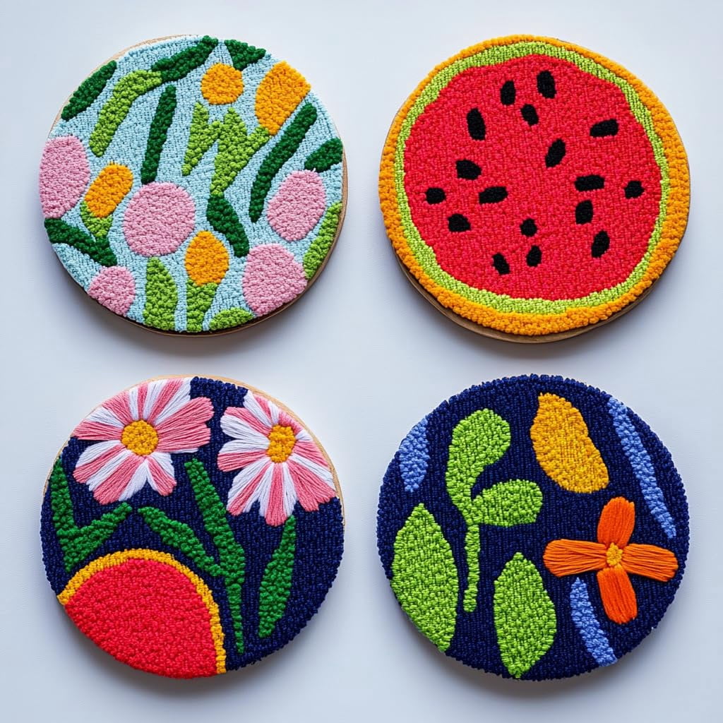 4 Set DIY Punch Needle Coaster Kits Watermelon and Flower Easy for Beginners with Adhesive Felt Hoop Punch Needle Embroidery Starter Set with Pattern for Drink Cups Mat Home Decor-1