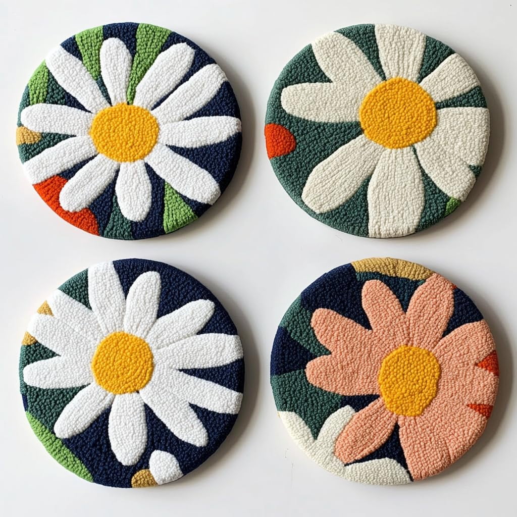 4 Set DIY Punch Needle Coaster Kits White Daisy Flower Easy for Beginners with Adhesive Felt Hoop Punch Needle Embroidery Starter Set with Pattern for Drink Cups Mat Home Decor-1