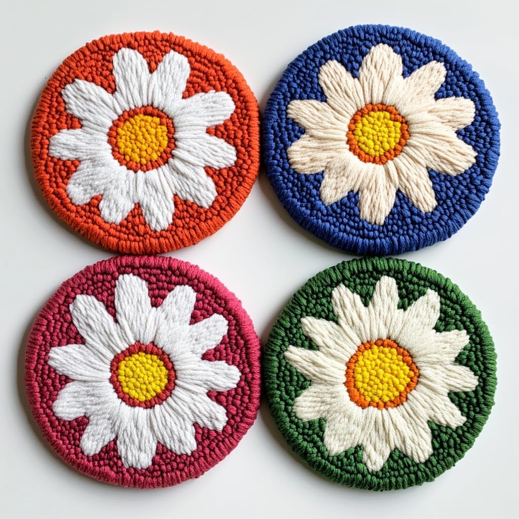 4 Set DIY Punch Needle Coaster Kits White Daisy Flower Easy for Beginners with Adhesive Felt Hoop Punch Needle Embroidery Starter Set with Pattern for Drink Cups Mat Home Decor-3