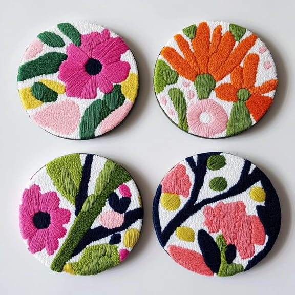4 Set DIY Punch Needle Coaster Kits Wild Flowers Easy for Beginners with Adhesive Felt Hoop Punch Needle Embroidery Starter Set with Pattern for Drink Cups Mat Home Decor-2