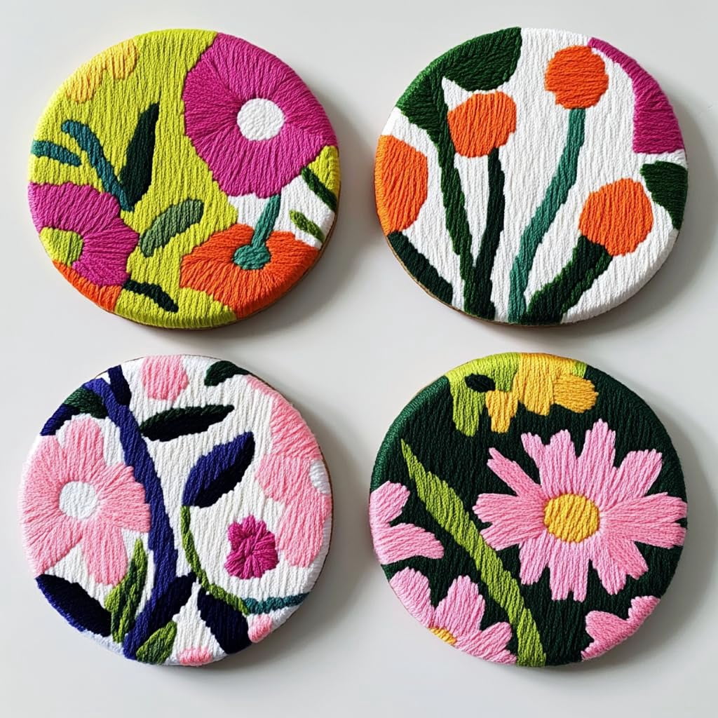4 Set DIY Punch Needle Coaster Kits Wild Flowers Easy for Beginners with Adhesive Felt Hoop Punch Needle Embroidery Starter Set with Pattern for Drink Cups Mat Home Decor-6
