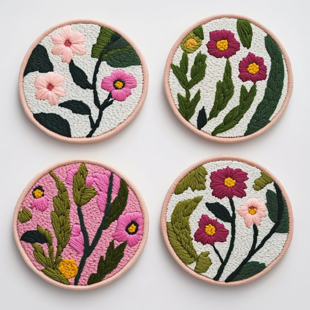4 Set DIY Punch Needle Coaster Kits Wild Flowers Easy for Beginners with Adhesive Felt Hoop Punch Needle Embroidery Starter Set with Pattern for Drink Cups Mat Home Decor-9