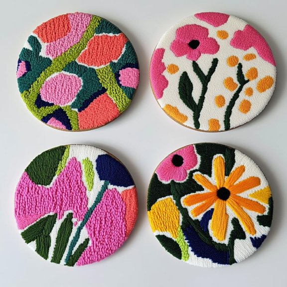 4 Set DIY Punch Needle Coaster Kits Wild Flowers Easy for Beginners with Adhesive Felt Hoop Punch Needle Embroidery Starter Set with Pattern for Drink Cups Mat Home Decor-3