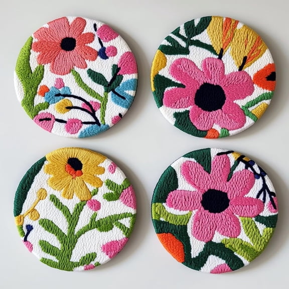 4 Set DIY Punch Needle Coaster Kits Wild Flowers Easy for Beginners with Adhesive Felt Hoop Punch Needle Embroidery Starter Set with Pattern for Drink Cups Mat Home Decor-7