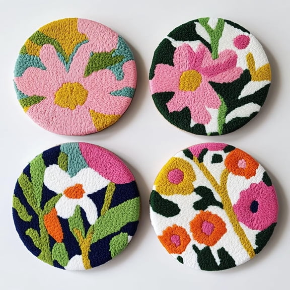 4 Set DIY Punch Needle Coaster Kits Wild Flowers Easy for Beginners with Adhesive Felt Hoop Punch Needle Embroidery Starter Set with Pattern for Drink Cups Mat Home Decor-1