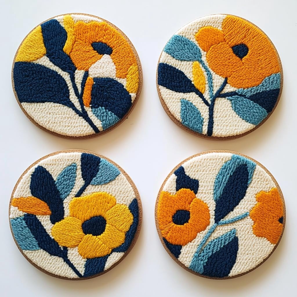 4 Set DIY Punch Needle Coaster Kits Yellow Rose Easy for Beginners with Adhesive Felt Hoop Punch Needle Embroidery Starter Set with Pattern for Drink Cups Mat Home Decor-3