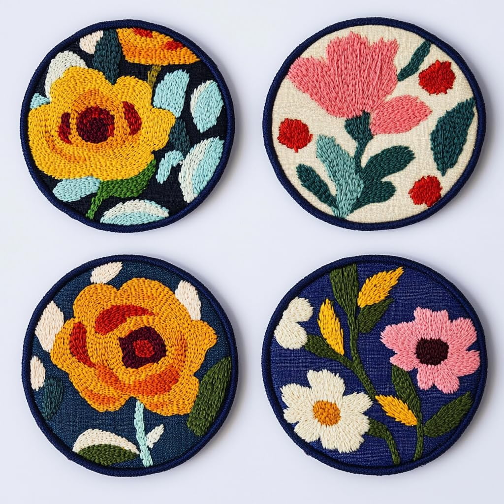 4 Set DIY Punch Needle Coaster Kits Yellow Rose Easy for Beginners with Adhesive Felt Hoop Punch Needle Embroidery Starter Set with Pattern for Drink Cups Mat Home Decor-1